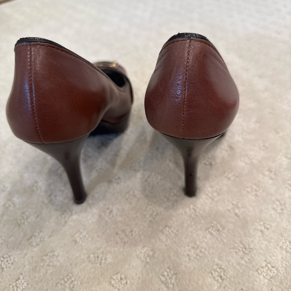 Michael Kors Brown Peep-Toe Platform Heels w/ Gold Logo Plate | Size 7 - Picture 4 of 8